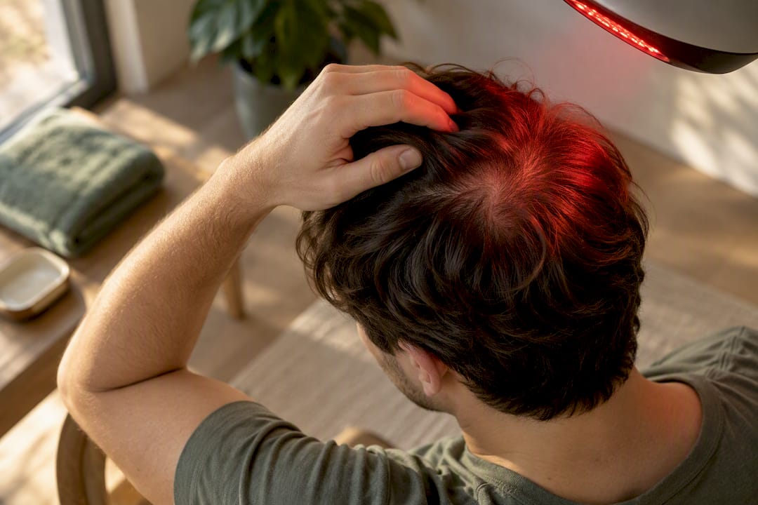 Scalp receiving red light therapy at home