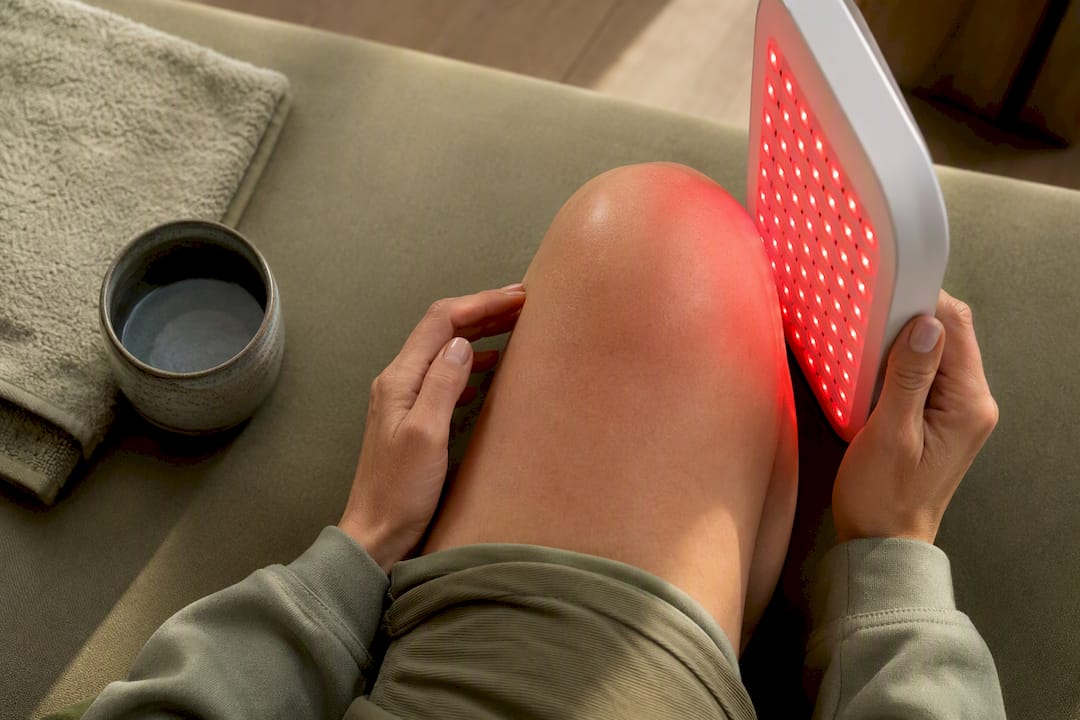 Near-infrared light therapy beside a knee