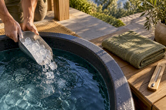 Hands adding ice to a home cold bath