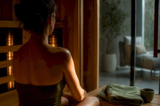 Person seated in softly lit infrared sauna