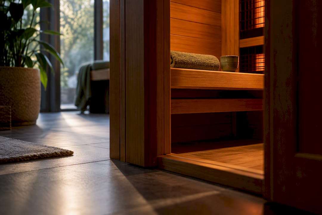 Warm infrared sauna doorway in home