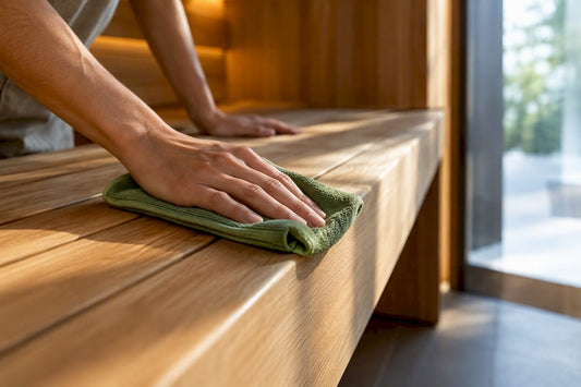 Hands cleaning a wooden sauna bench