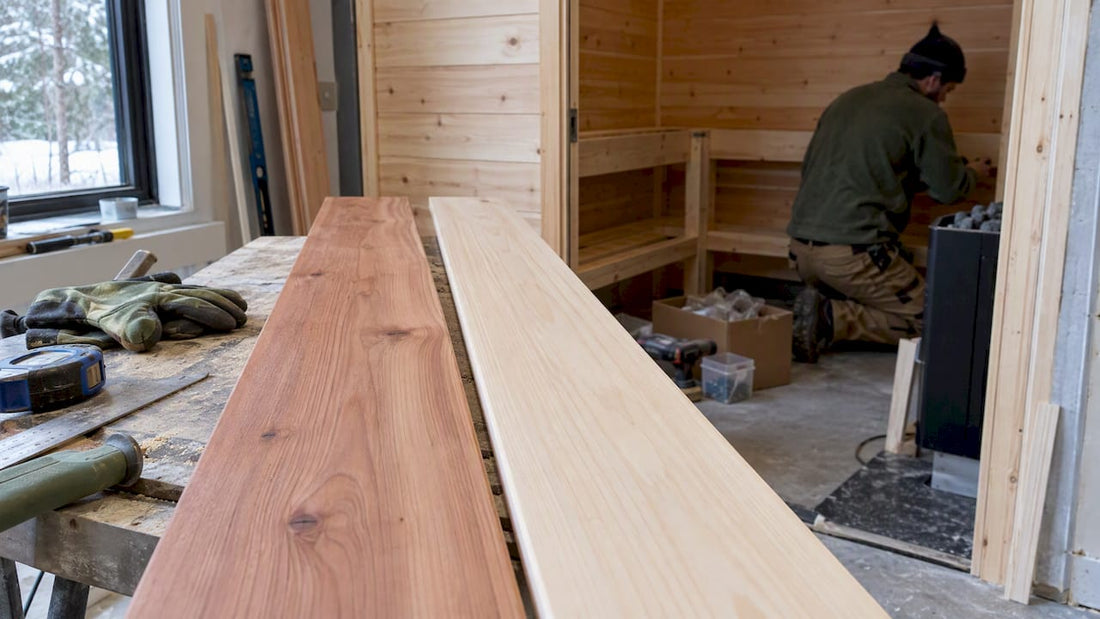 Cedar and hemlock boards for sauna construction
