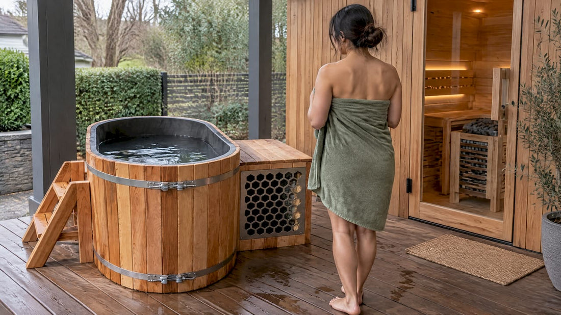 Cedar cold plunge beside home sauna
