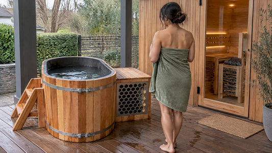 Cedar cold plunge beside home sauna