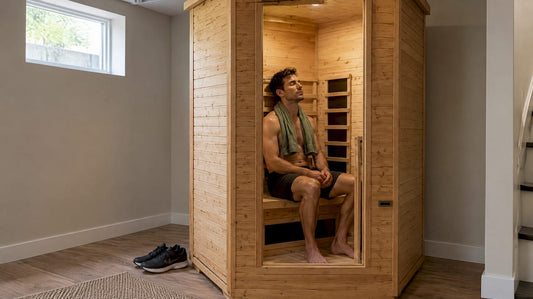 Athlete recovering inside home infrared sauna