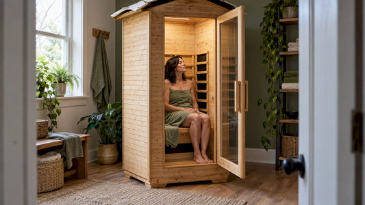 Woman seated inside home infrared sauna