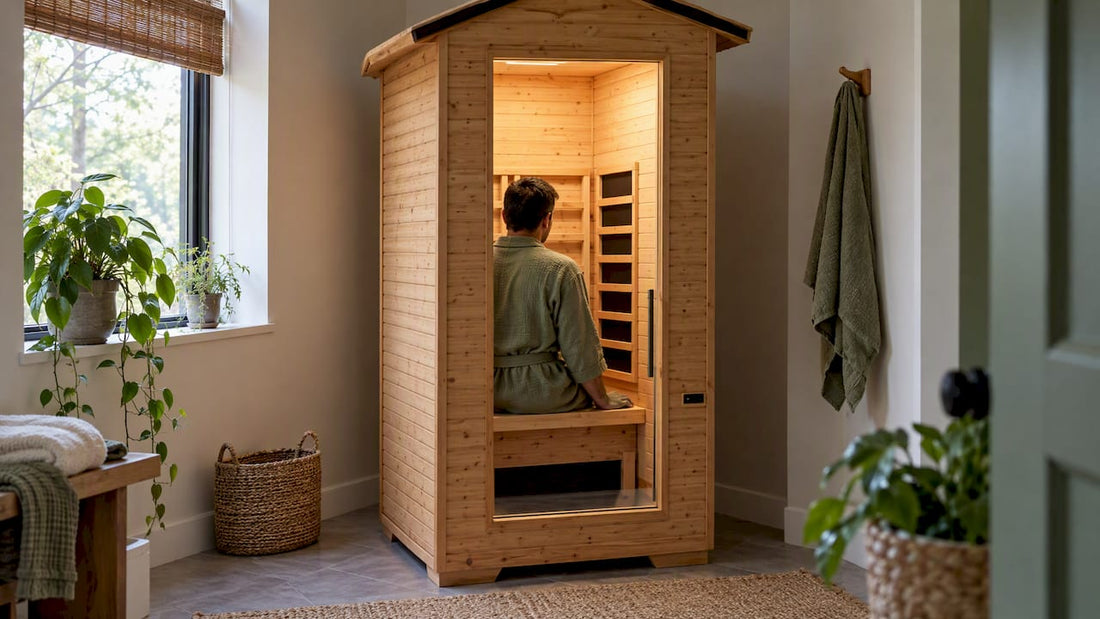 Adult seated in a home infrared sauna