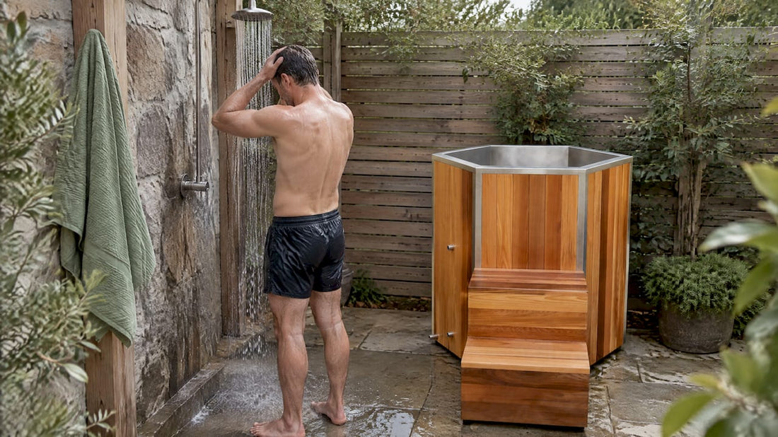 Man taking a cold shower beside a plunge