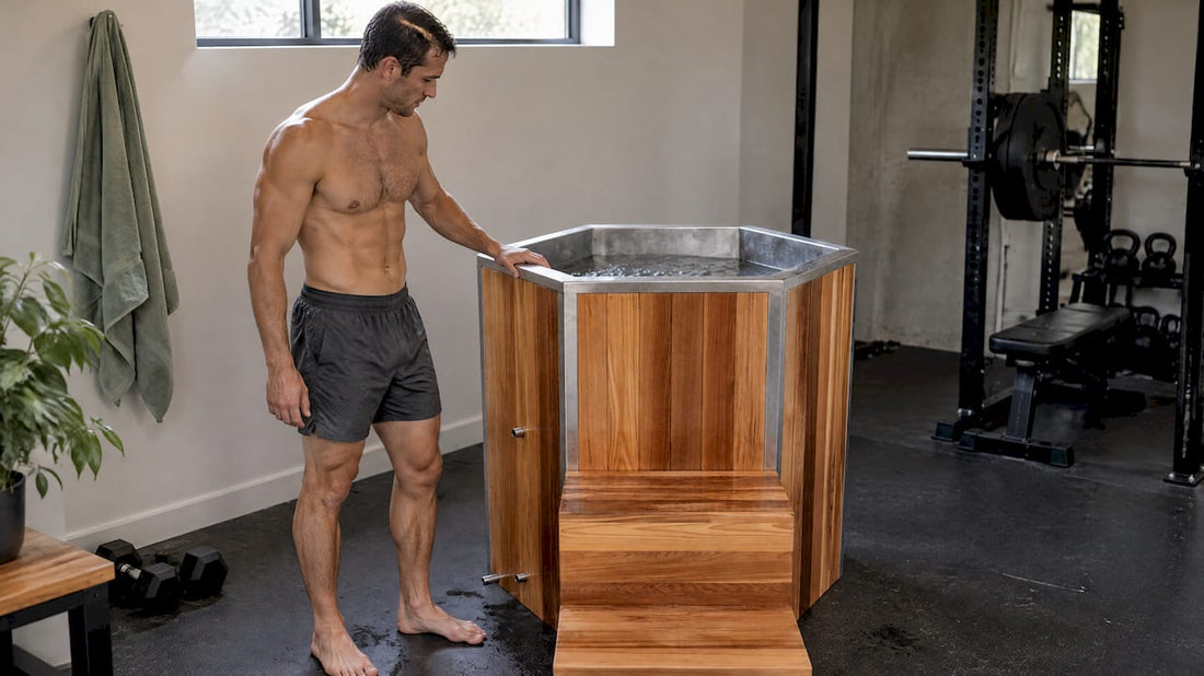 Athlete beside a cedar cold plunge tub