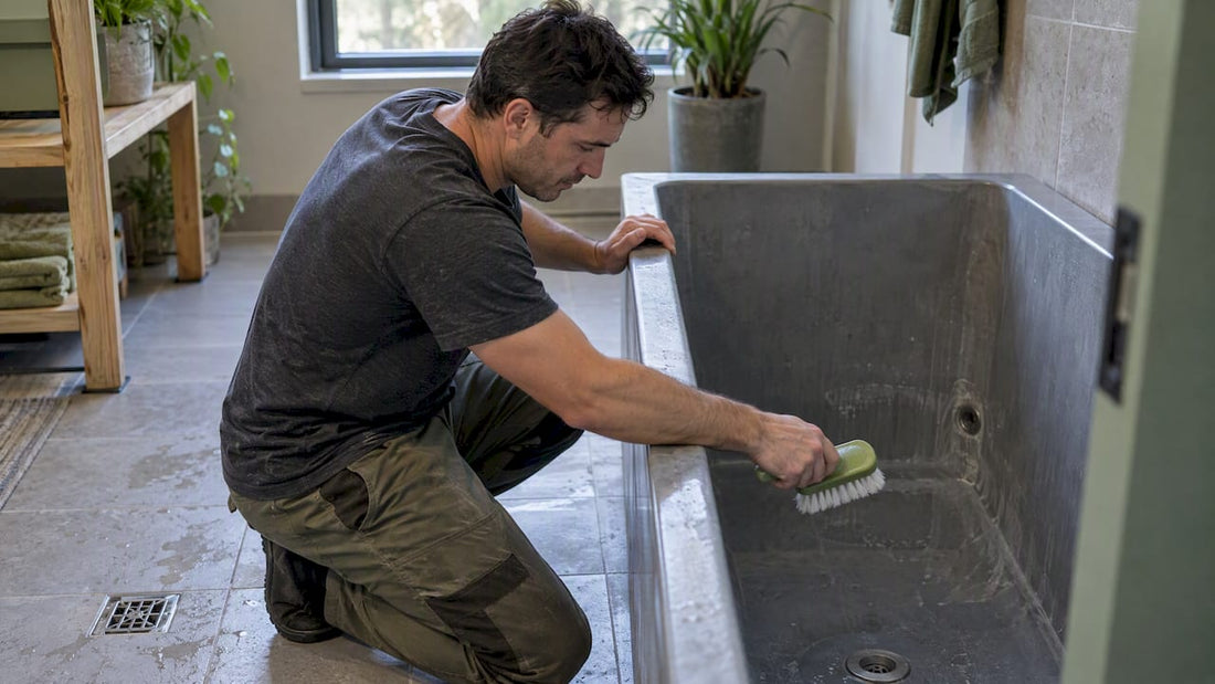 Homeowner scrubbing a drained cold plunge tub