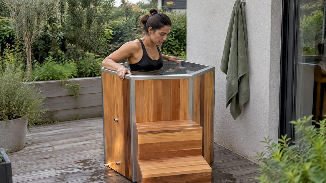 Woman using cedar ice bath outdoors