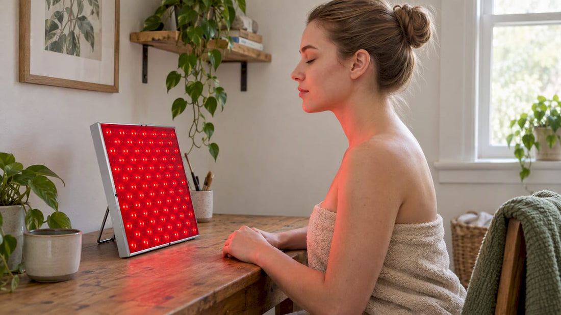 Adult using a red light therapy panel at home