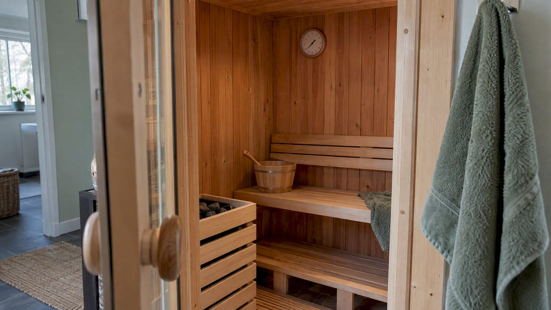 Open home sauna with a wall thermometer