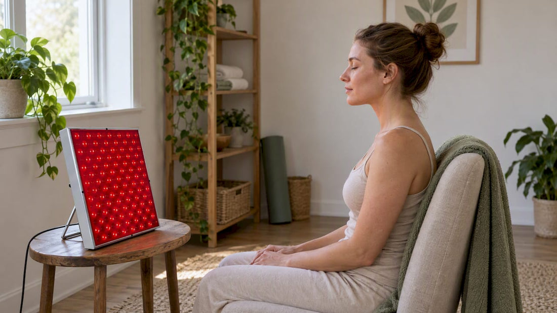 Red light therapy panel in a home wellness space