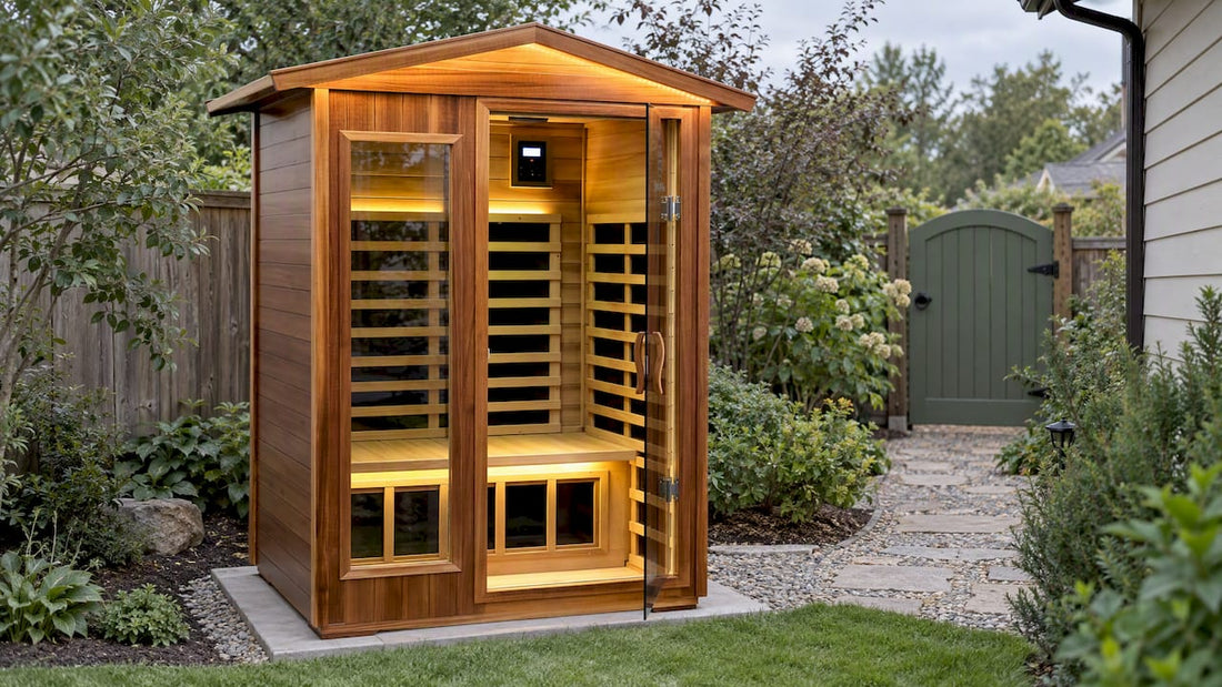 Outdoor sauna installed in a residential backyard
