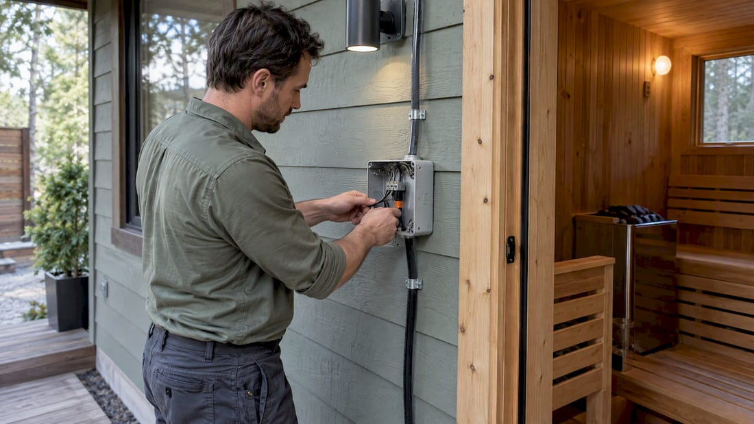 Electrician checking cable beside residential sauna