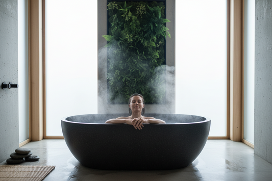 Person using a portable cold plunge recovery tub at home as part of a wellness and post-workout recovery routine.